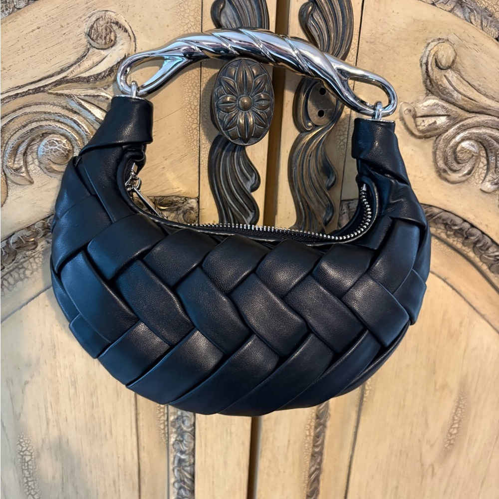 JW PEI Woven Leather Hobo Bag with Silver-Tone Handle - Black